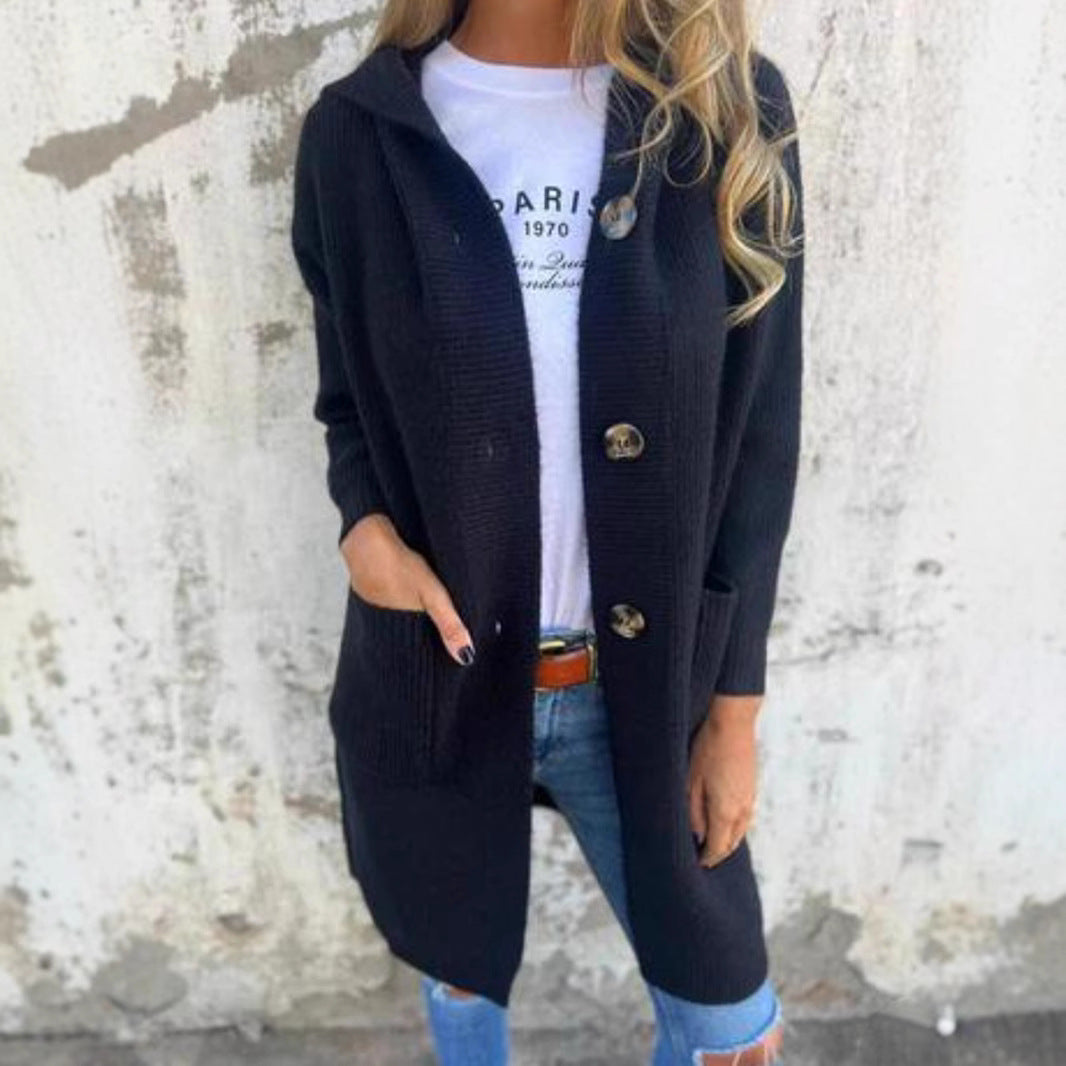 Damen Strickmantel mit Kapuze und Knöpfen Heidi-Mode