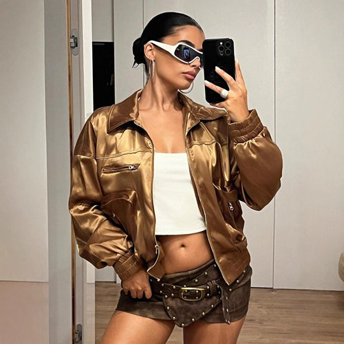 Damen Bomberjacke im glänzenden Satin-Look mit seitlichen Reißverschlusstaschen Heidi-Mode