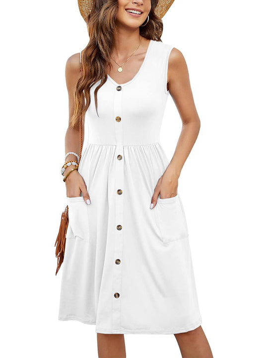 Damen Knielanges Sommerkleid mit Knopfdetails und praktischen Taschen Heidi-Mode