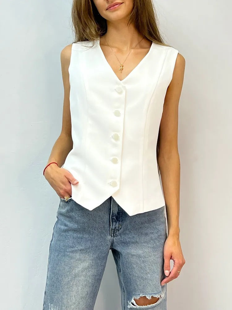 Damen Weste mit elegantem V-Ausschnitt und dekorativen Knöpfen Heidi-Mode