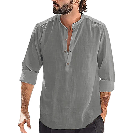 Herren Langarm-Henley-Shirt aus hochwertigem Leinen mit stilvollem Knopfdesign Heidi-Mode
