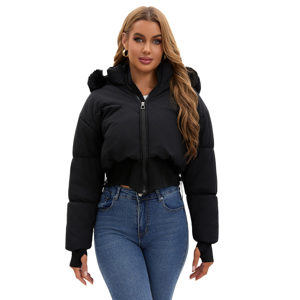 Damen cropped Daunenjacke mit abnehmbarer Kapuze und Kunstfellbesatz Heidi-Mode