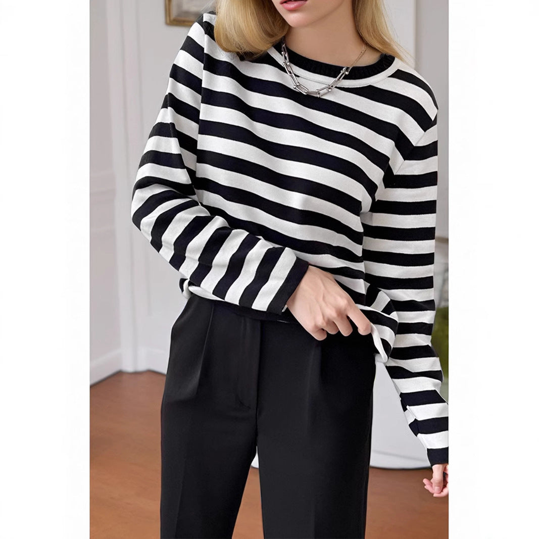 Damen gestreifter Langarmpullover mit Rundhalsausschnitt und lässigem Schnitt Heidi-Mode