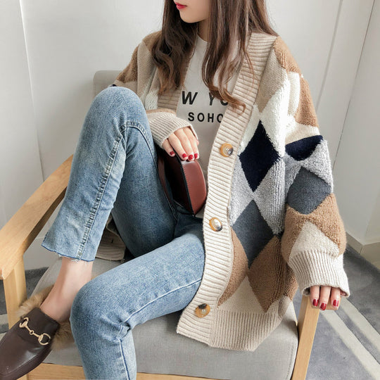 Damen Grobstrick Cardigan mit geometrischem Muster und großen Taschen Heidi-Mode