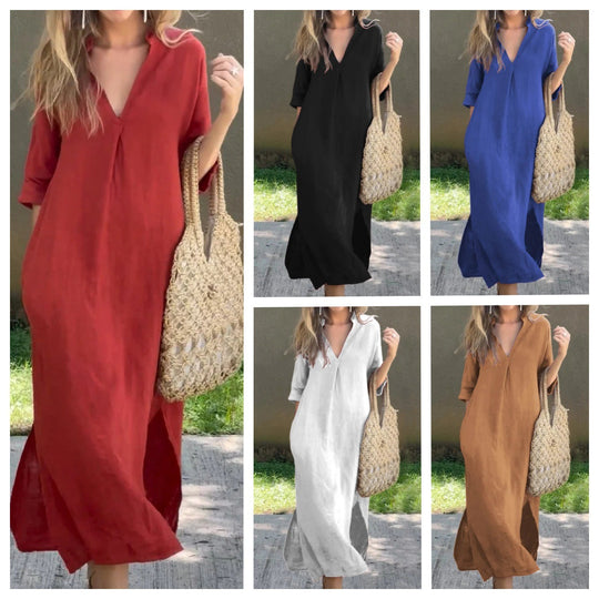 Damen Maxi-Kleid mit V-Ausschnitt und lässigem Schnitt Heidi-Mode