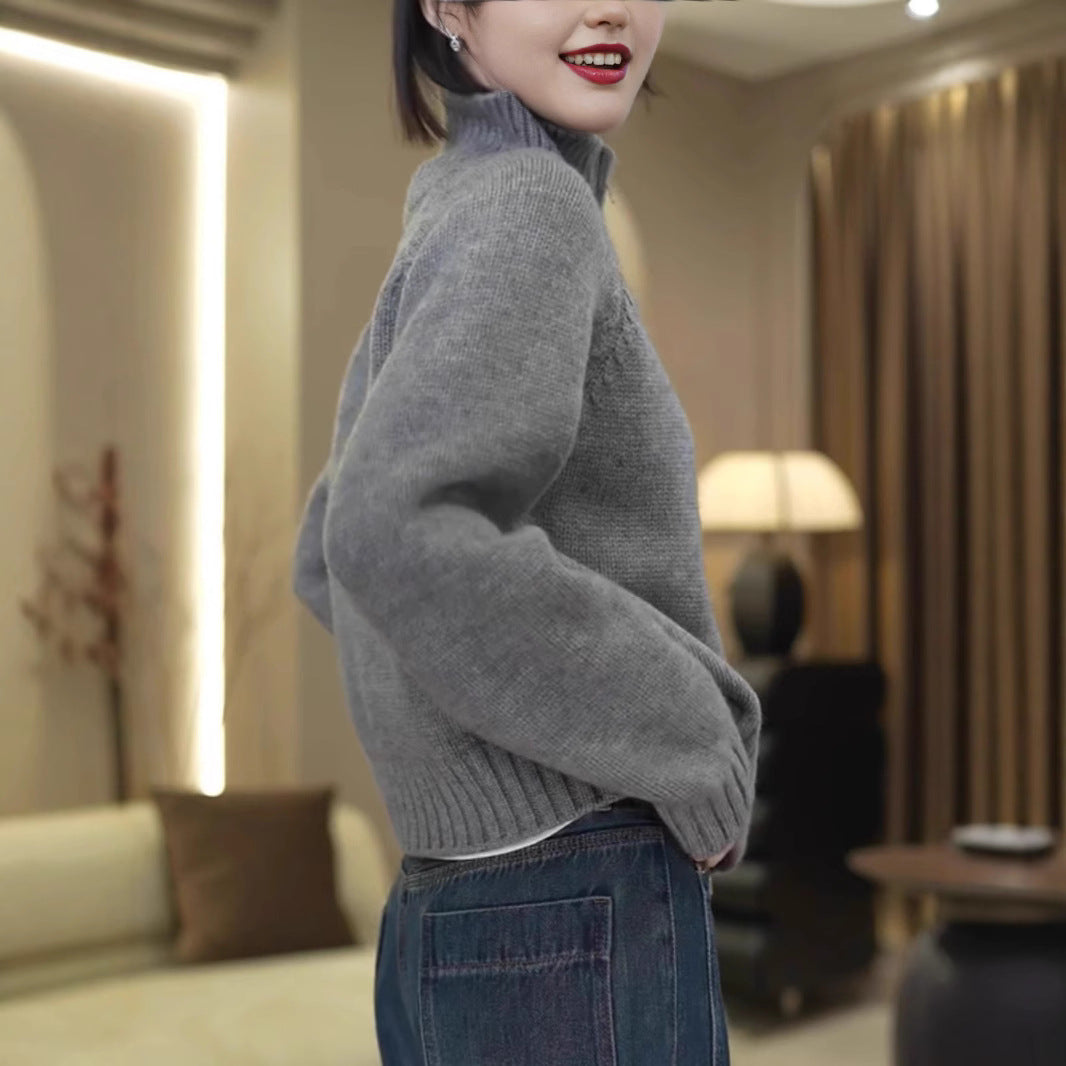 Damen Strickpullover mit hohem Kragen und praktischem Reißverschluss Heidi-Mode