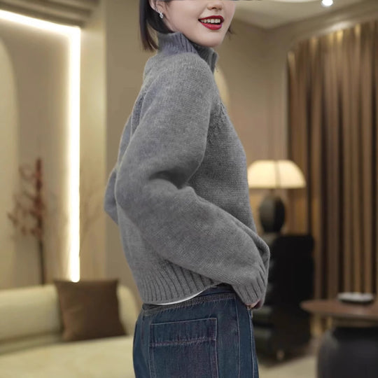 Damen Strickpullover mit hohem Kragen und praktischem Reißverschluss Heidi-Mode