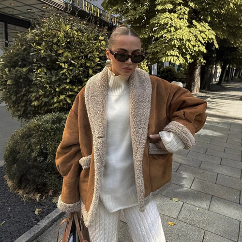 Damen kuschelige Blazerjacke im Teddy-Look mit praktischem Taschen Heidi-Mode