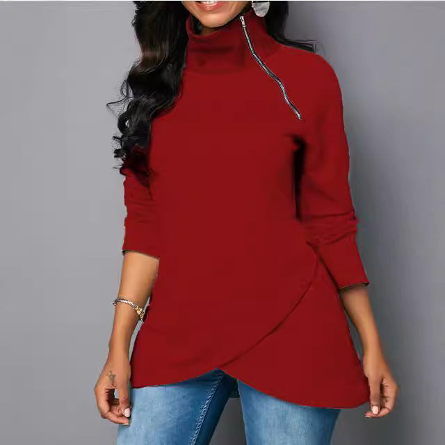 Damen Rundhals Shirt mit hoher Kragen und Reißverschluss Heidi-Mode