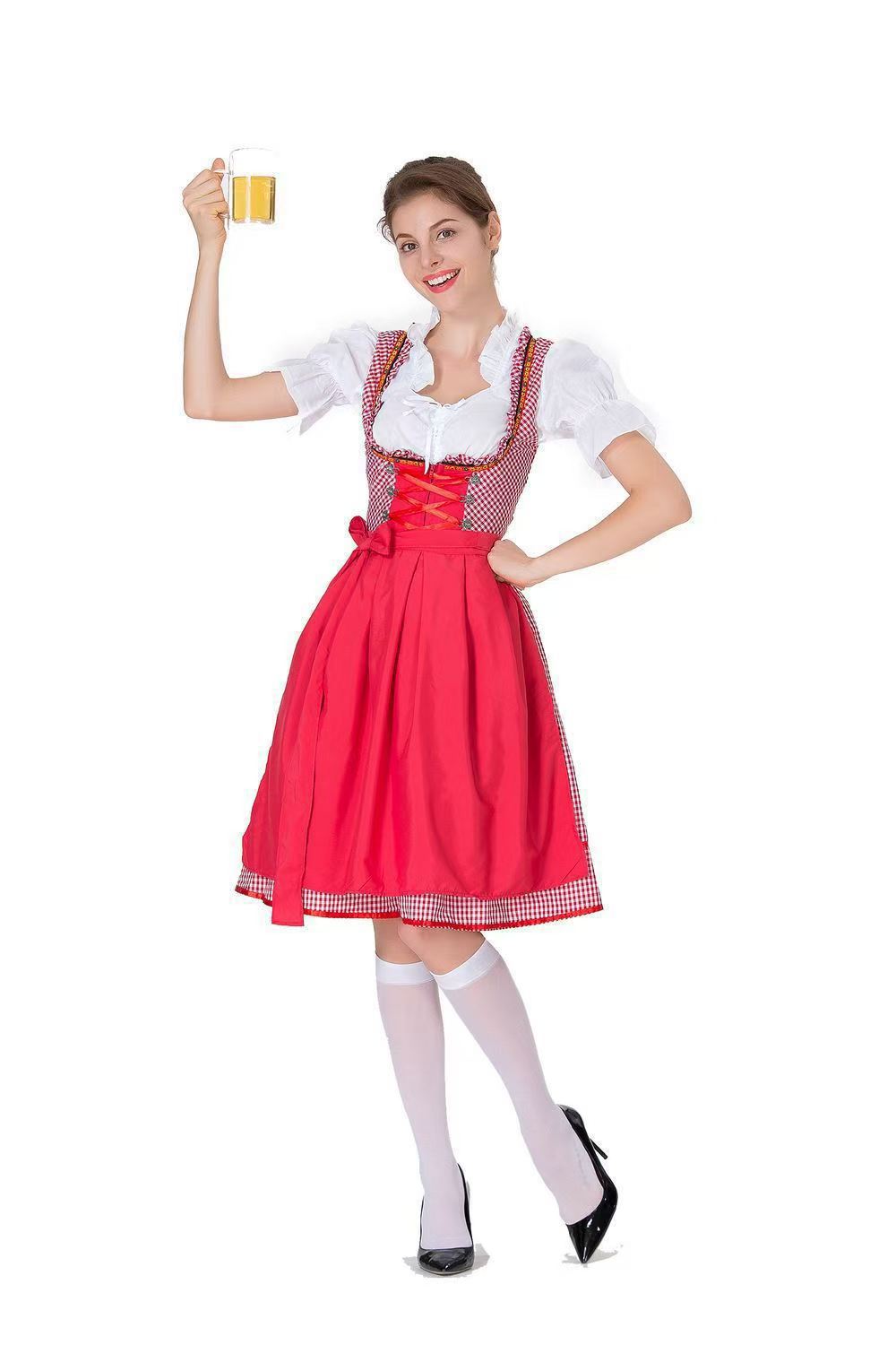 Damen Trachtenkleid mit traditionellen Karomuster und eleganten Rüschen Heidi