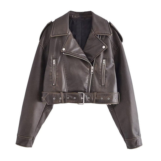 Stylische Damenjacke aus Lederimitat mit Gürtel