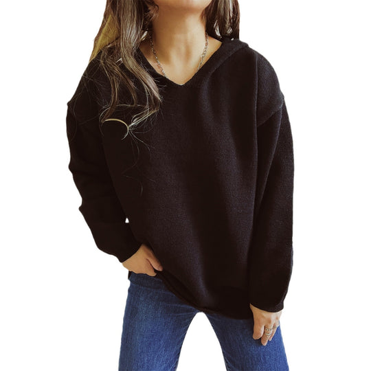 Damen lässiger Strickpullover mit Kapuze und weiten Ärmeln Heidi-Mode