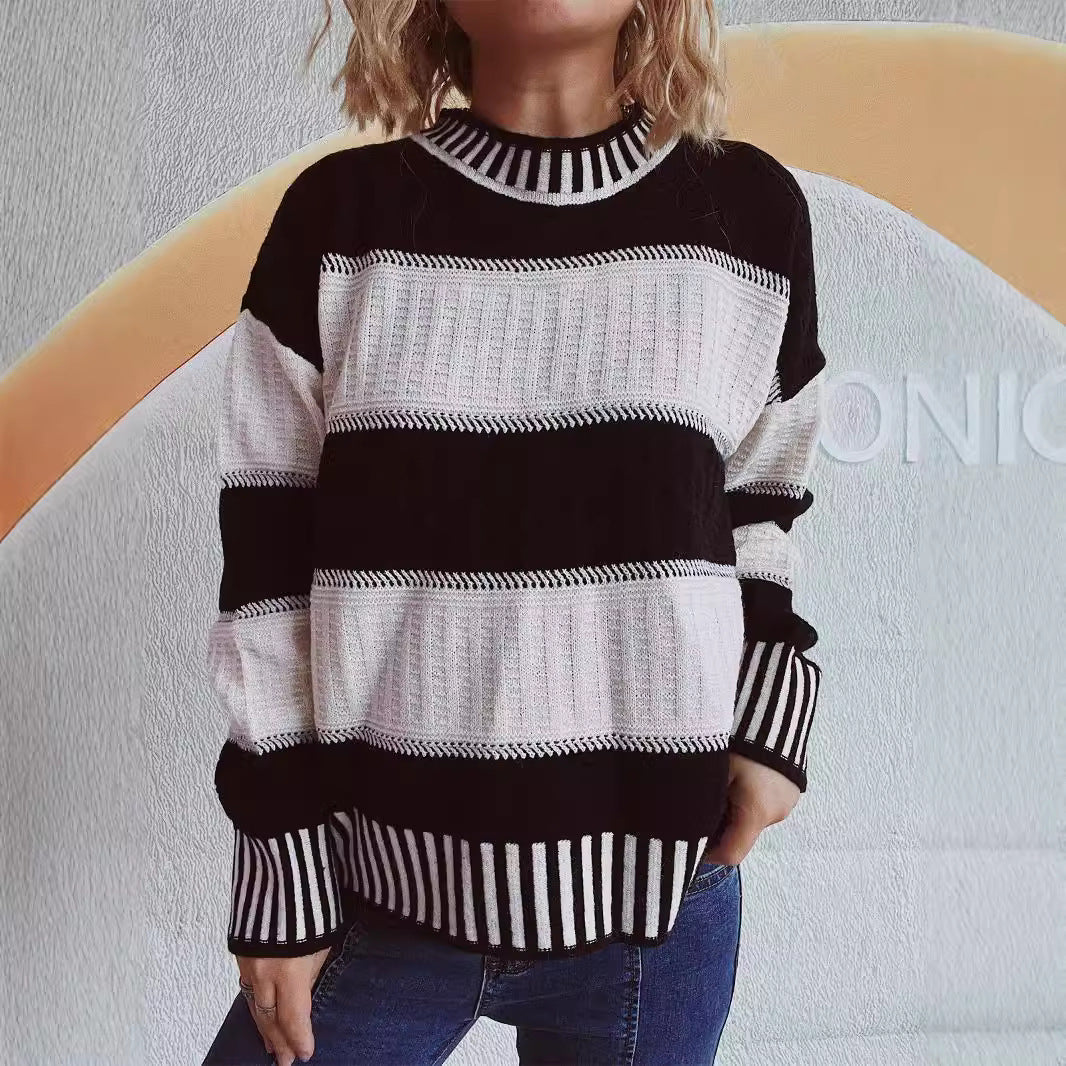 Damen lässiger Strickpullover mit modernem Streifenmuster und warmem Material Heidi-Mode