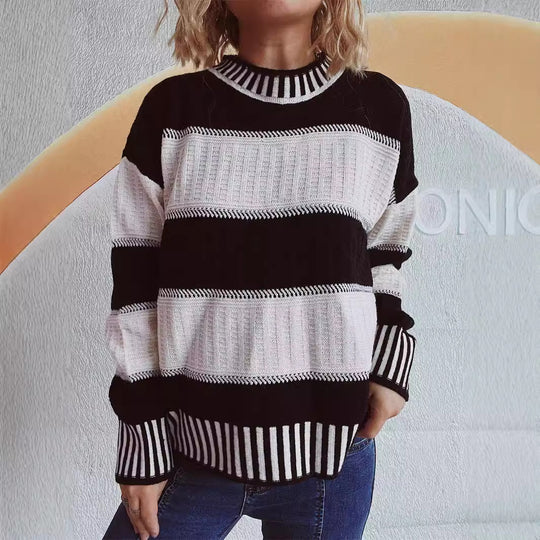 Damen lässiger Strickpullover mit modernem Streifenmuster und warmem Material Heidi-Mode