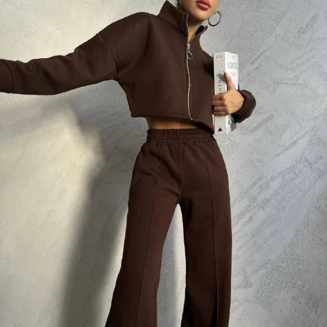 Damen modisches Cropped Hoodie-Set mit hohem Kragen Heidi-Mode