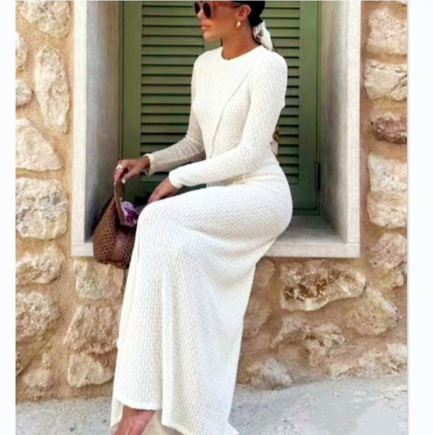 Damen Strickmaxikleid mit strukturiertem Design und langem Ärmel Heidi-Mode