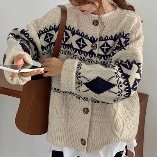 Damen Grobstrickjacke mit dekorativem Norwegermuster Heidi-Mode