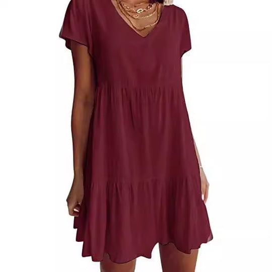 Damen lässiges und leichtes Sommerkleid mit V-Ausschnitt und voluminösem Rock Heidi-Mode