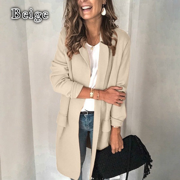 Damen stylische lange Jacke mit klassischem Revers Heidi-Mode