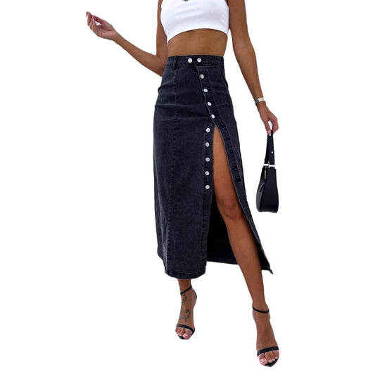 Damen Langer Jeansrock mit seitlichem Schlitz und modischen Knopfdetails Heidi-Mode