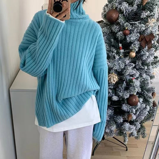 Damen Hochgeschlossenes Strickoberteil mit asymmetrischem Schnitt und feiner Rippstruktur Heidi-Mode