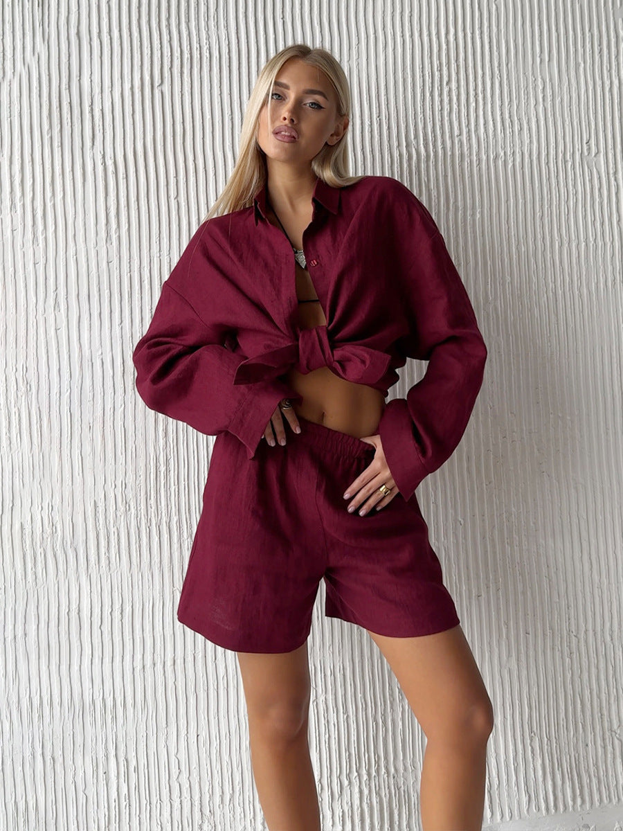 Damen lässiges Leinen Set mit lockerer Bluse und Shorts Heidi-Mode