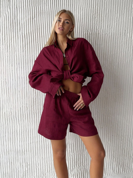 Damen lässiges Leinen Set mit lockerer Bluse und Shorts Heidi-Mode