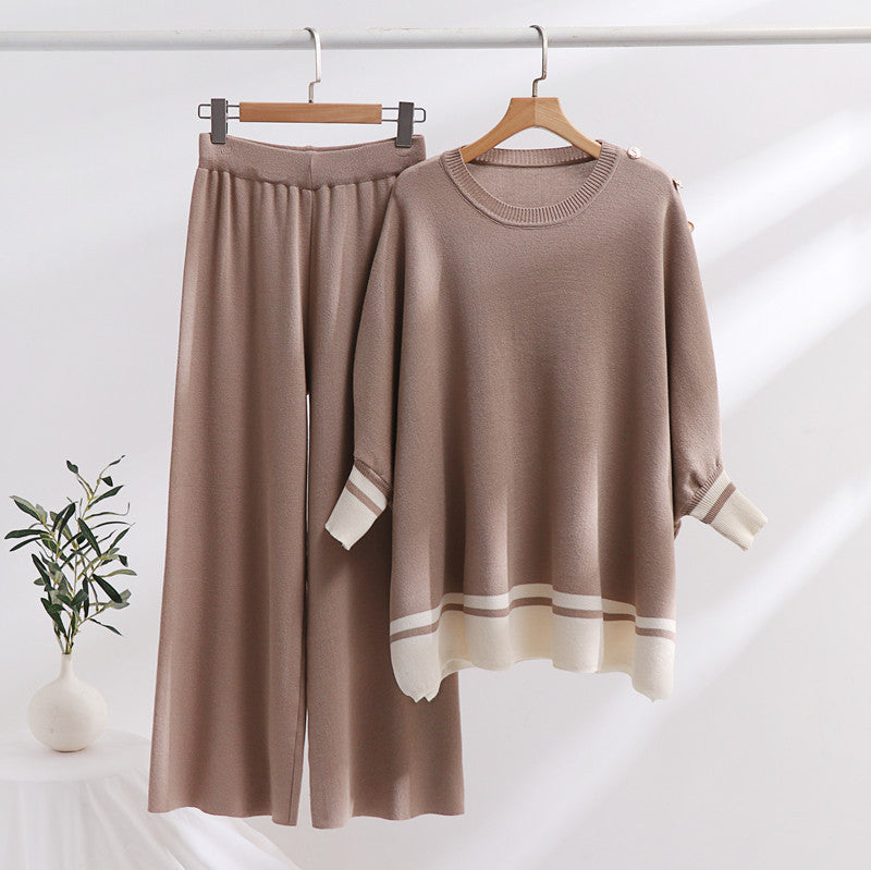 Damen lässiges Strick-Loungewear-Set mit modischem Kontrastsaum und weitem Schnitt Heidi-Mode