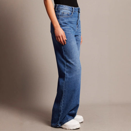Damen Weit geschnittene High-Waist Jeans mit eleganten Falten Heidi-Mode