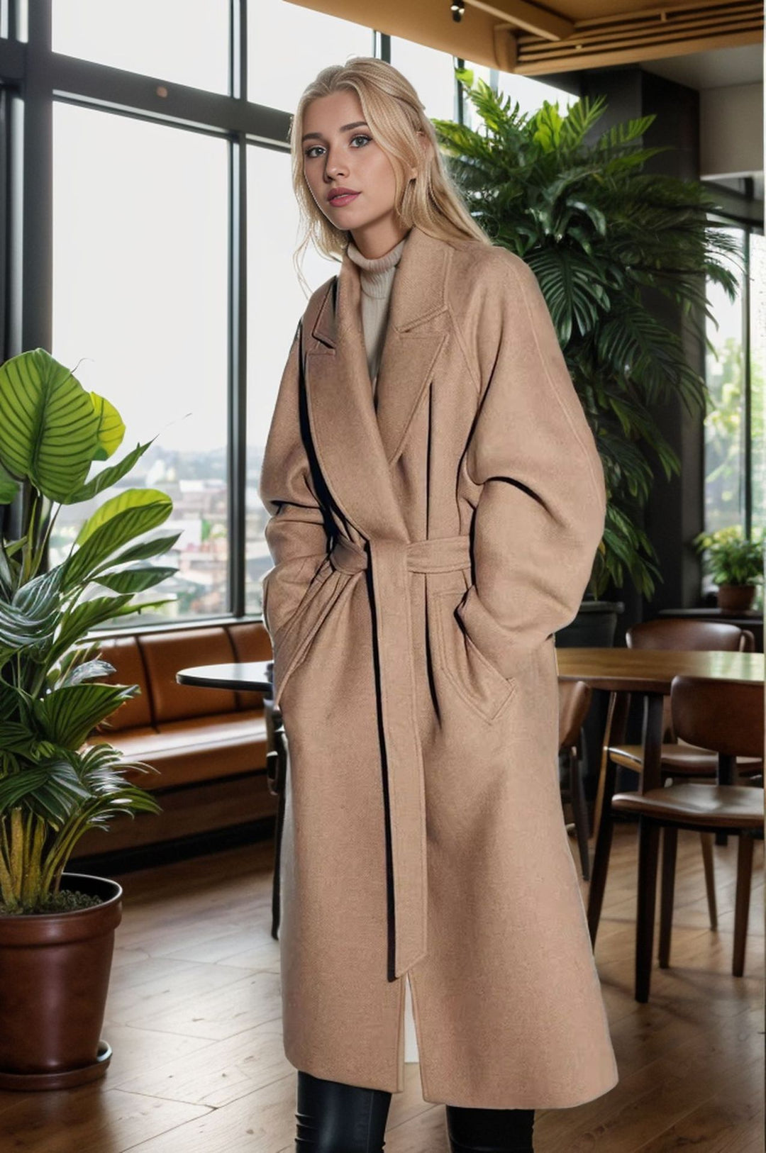 Damen eleganter langer Mantel mit breitem Revers und Gürtel Heidi-Mode