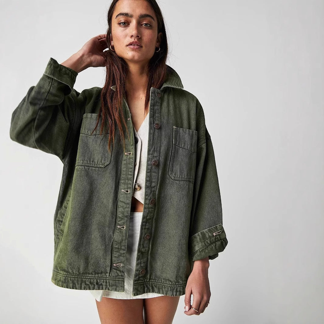 Damen lässige Oversized Jeansjacke mit großen Taschen Heidi-Mode