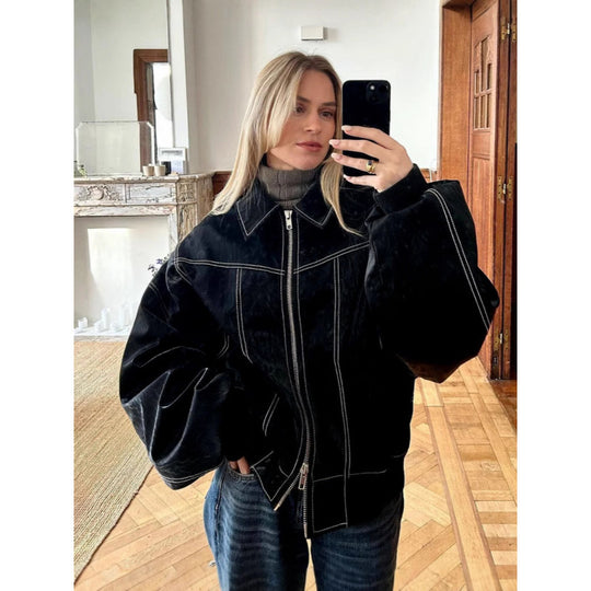 Damen Übergroße Fake-Leder Bomberjacke Heidi-Mode