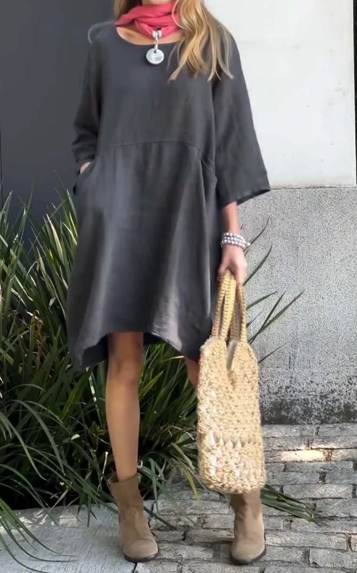 Damen lässiges Leinenkleid mit praktischen Taschen und asymmetrischem Saum Heidi-Mode