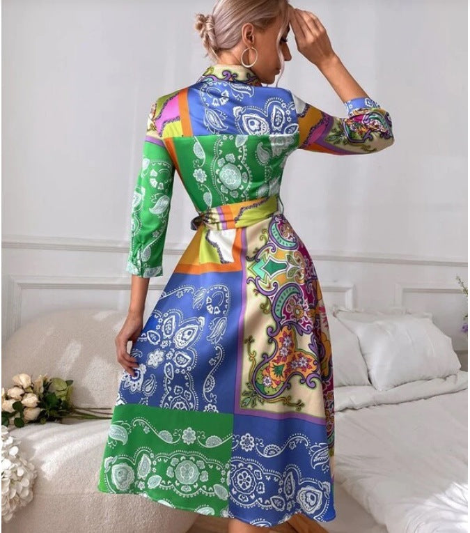 Heidi-Mode | Langarm Gedruckter Gürtel Foulard Midi Kleid