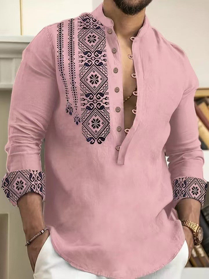 Herren Halbarm-Hemd mit traditionellem besticktem Kragen und Knopf-Design Heidi-Mode