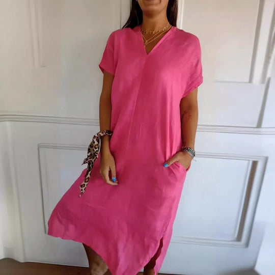 Damen Lässiges V-Ausschnitt Kleid mit praktischen Taschen und oversize Schnitt Heidi-Mode