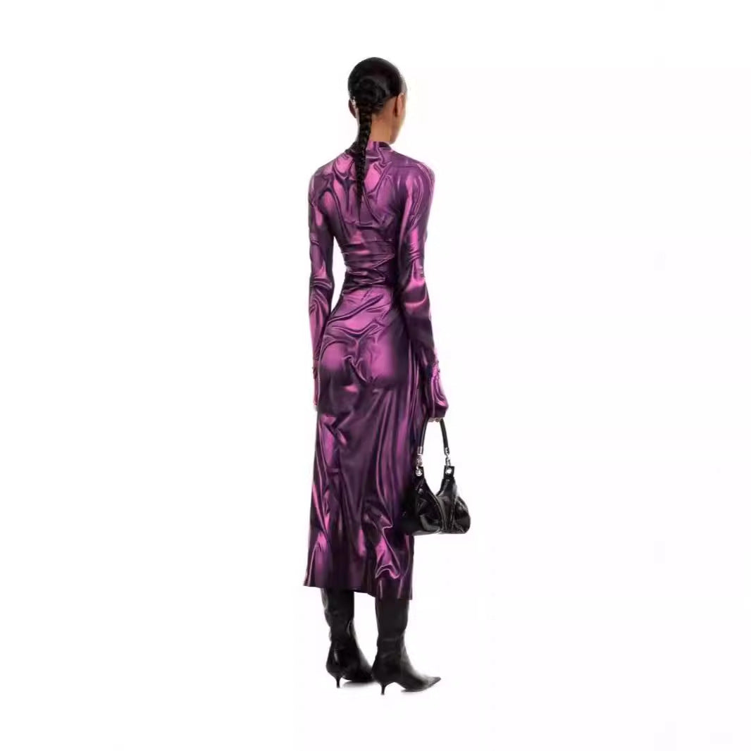 Damen Elegantes Langarmkleid aus glänzendem Stoff Heidi-Mode