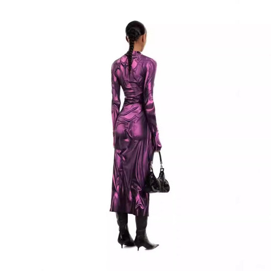 Damen Elegantes Langarmkleid aus glänzendem Stoff Heidi-Mode