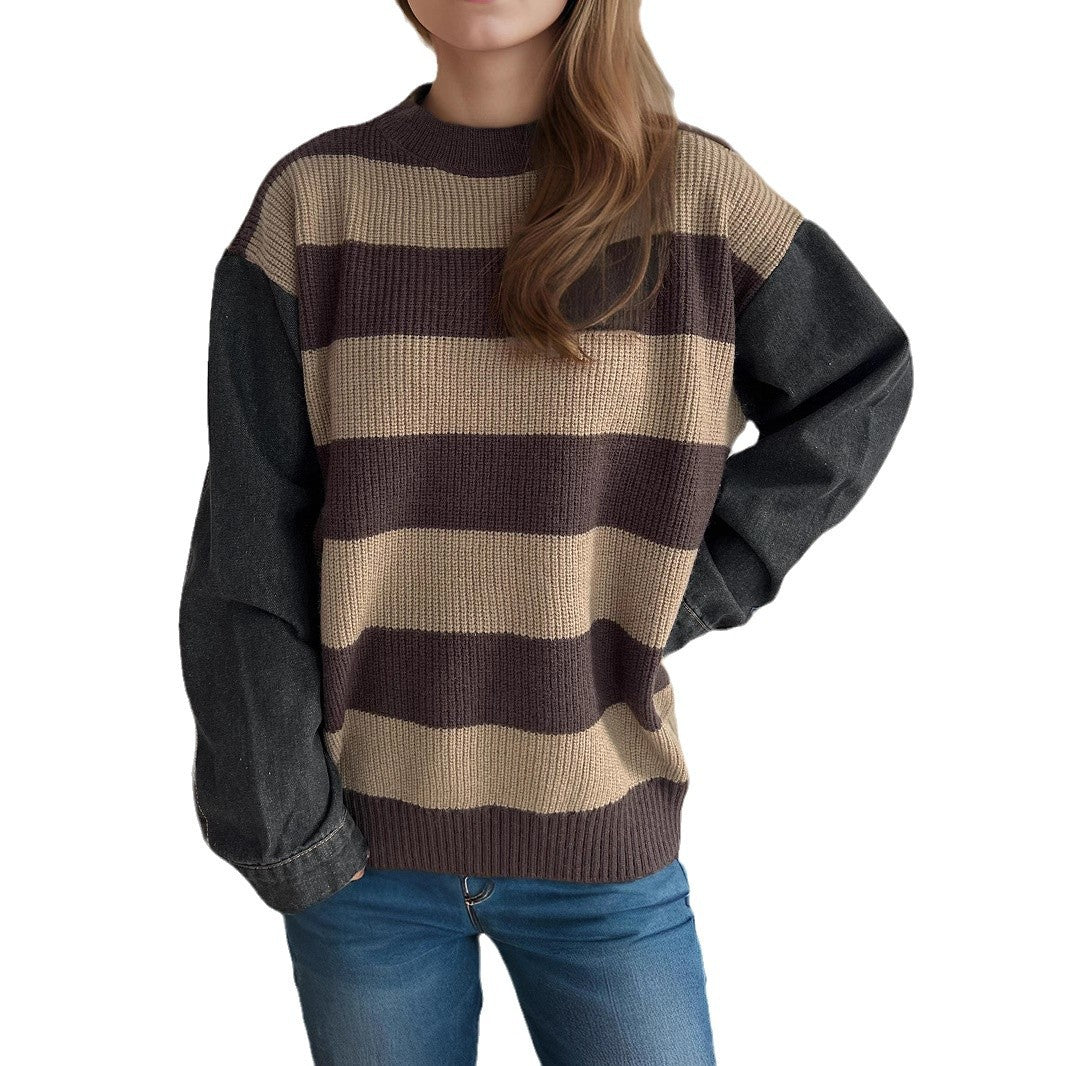 Damen lässiger Strickpullover mit auffälligem Blockstreifenmuster und weiten Ärmeln Heidi-Mode