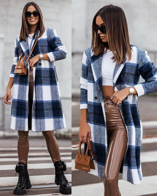 Heidi-Mode | Lässiger Langärmliger Karierter Langer Wollpullover Jacke
