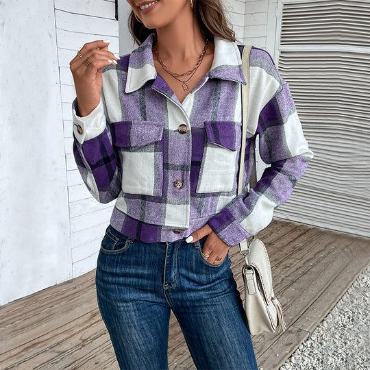 Damen Karierte Denimjacke mit Knöpfen und Brusttaschen Heidi-Mode