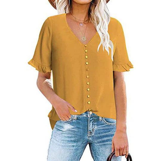 Damen Leichtes V-Ausschnitt Blusentop mit Rüschendetails Heidi-Mode