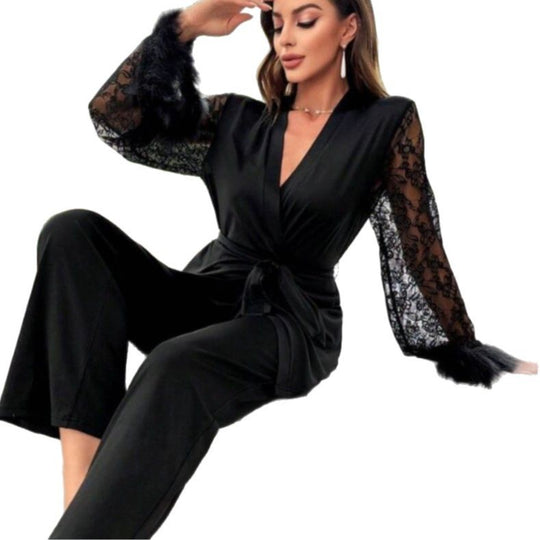 Damen elegantes Satin-Nachthemd mit Spitzenärmeln und Taillengürtel Heidi-Mode