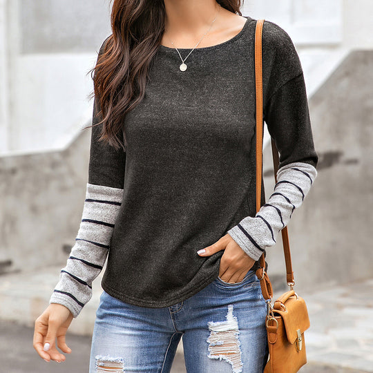 Damen Lässiges Langarmshirt mit gestreiften Ärmeln Heidi-Mode