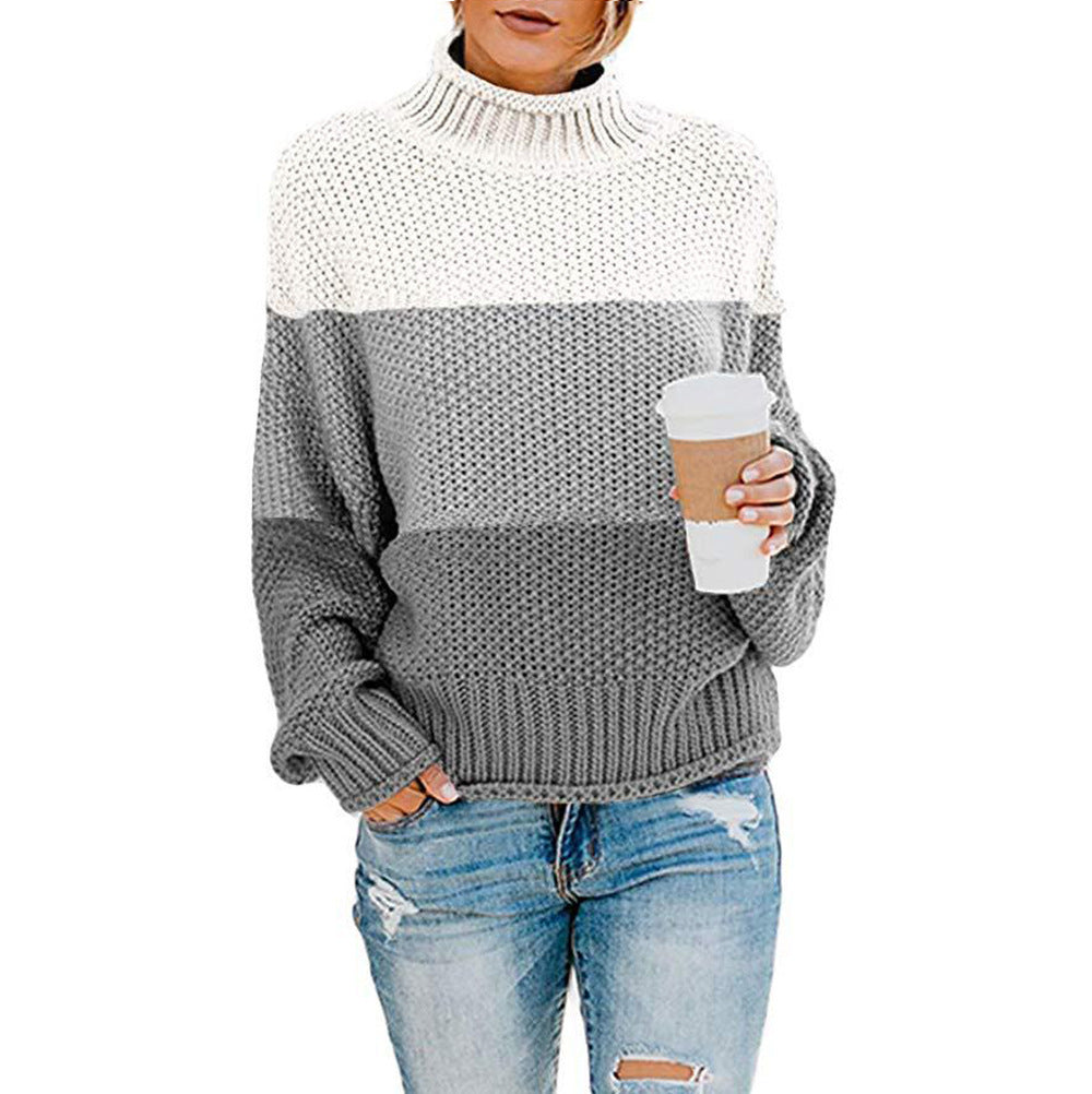 Damen Grobstrickpullover mit hohem Kragen und modischem Farbblockdesign Heidi-Mode