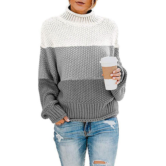 Damen Grobstrickpullover mit hohem Kragen und modischem Farbblockdesign Heidi-Mode