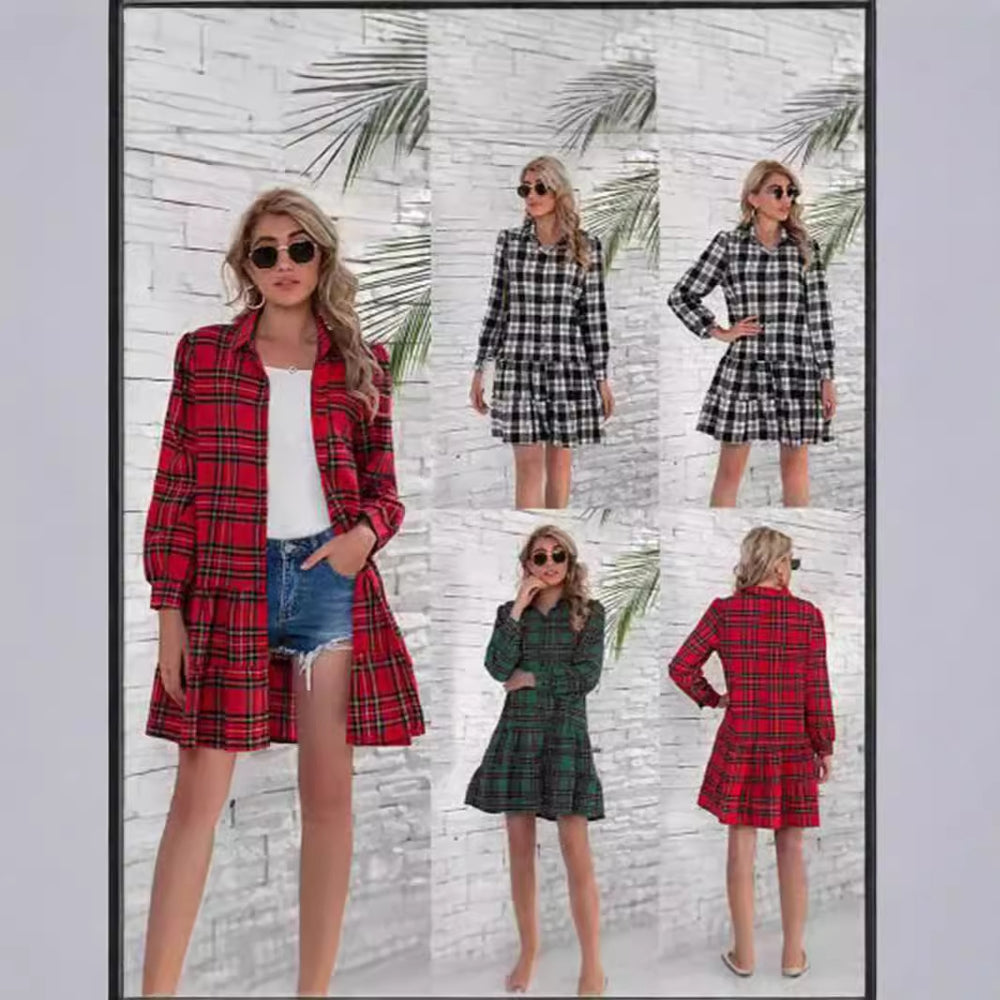 Damen Karokleid mit lässigem Hemdblusenstil und verspieltem Volant von Heidi-Mode