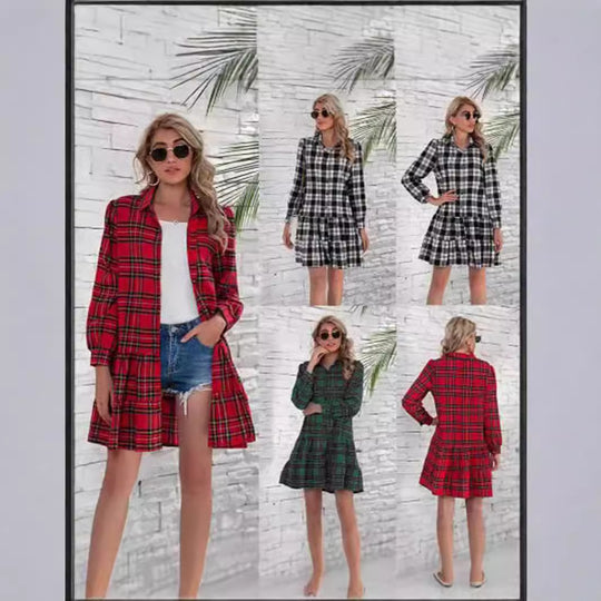 Damen Karokleid mit lässigem Hemdblusenstil und verspieltem Volant von Heidi-Mode