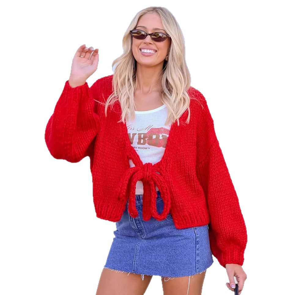 Damen lässige Strickjacke mit Bindeverschluss und weiten Ärmeln Heidi-Mode