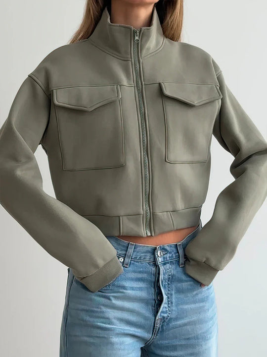 Damen cropped Jacke mit Reißverschluss und Taschen Heidi-Mode